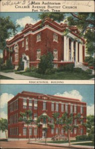 Fort Worth Texas TX College Ave Baptist Church Linen Vintage Postcard