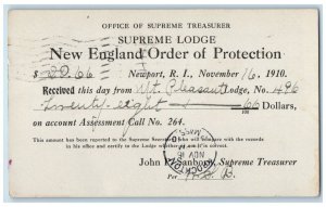1910 New england Order of Protection Supreme Lodge Newport RI Postal Card