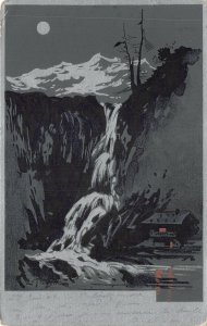 Lot124 painting postcard france cascade waterfall novelty fantasy