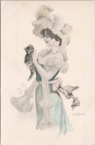 Woman Holding Cat Kitten Fashionable Lady W. Braun Artist Signed Postcard E80