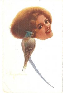 Face of a lady, with a bird Old vintage Italian, artist drawn postcar