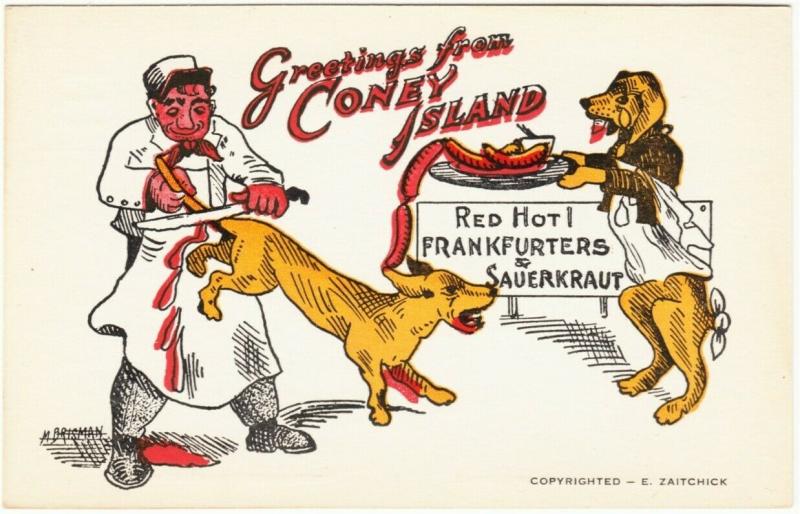 Coney Island Greetings Butcher Dog Waiter Frankfurter NYC Comic Postcard c.1930s