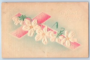 1910 Easter Holy Cross And Lilies Flowers Airbrushed Embossed Lyons KS Postcard