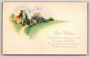 Best Wishes~Path To Gated Property In Countryside~Gold Edge~Stecher 929B~Vtg PC