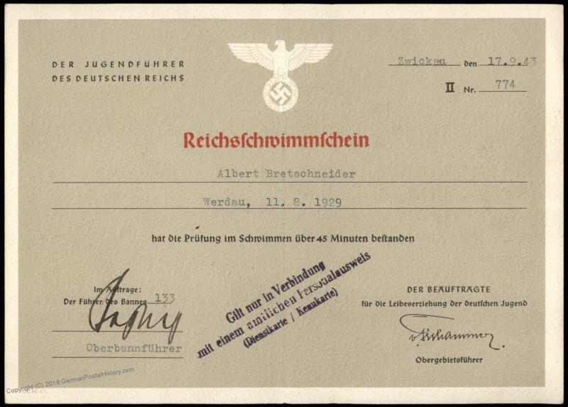 3rd Reich Germany Hitler Youth 1943 Reichsschwimmschein Swimming Award 77206