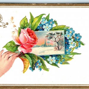 c1880s Constructed Hand Die Cut on Gold Border Trade Card Bird Rose Church C24