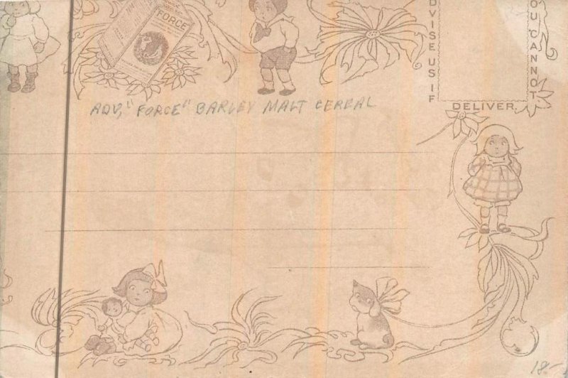 FORCE MAKES CHILDREN ACTIVE BARLEY MALT CEREAL ADVERTISING COMIC POSTCARD