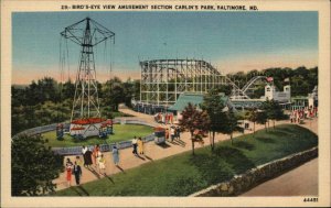 Baltimore Maryland MD Carlin's Amusement Park Carnival Rides Linen Postcard