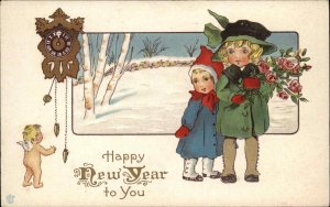 New Year's Children Angel Clock Embossed Stecher c1910s Postcard