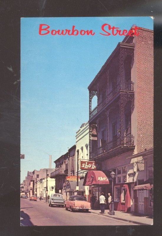 NEW ORLEANS LOUISIANA LA. DOWNTOWN BOURBON STREET SCENE OLD CARS POSTCAARD