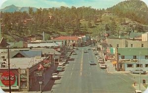 Autos Coca Cola Drugs Cafe Elkhorn Ave 1960s Postcard Estes Park Colorado 3016