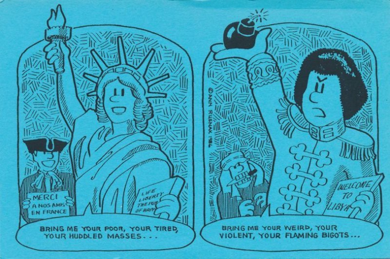 Political Cartoon 1986 - Statue of Liberty - Khaddafy Libya Terrorists