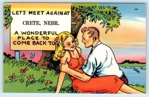 Let's Meet Again At CRETE, Nebraska NE ~ Romantic Couple c1940s Comic Postcard