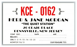 QSL Radio Card From Pennsville New Jersey KCE - 0162