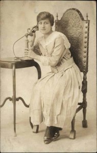 Woman on Telephone Studio Image c1910 Antiques c1910 Real Photo Postcard