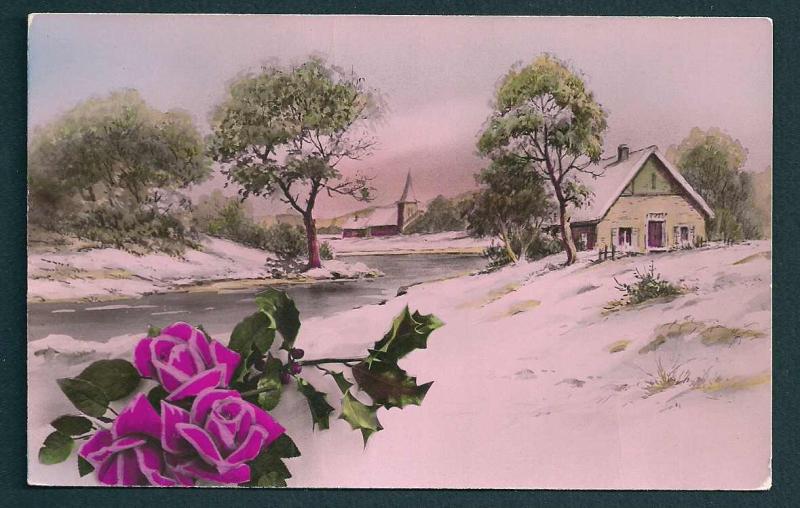 Snow Scene Country Roses Church Bromo Photo unused c1910's