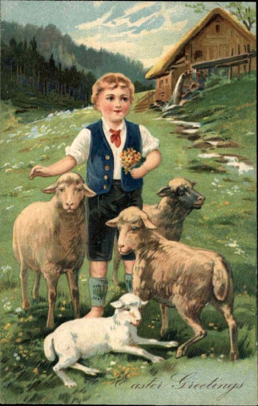 PFB 6733 Easter Little Boy Shepherd with Sheep c1910 Vintage Postcard