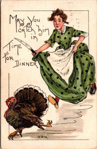 HBG Artwork Thanksgiving Postcard Woman Holding knife Chasing a Turkey