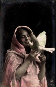 Oranotype Woman Kissing Dove Tinted Real Photo NPG 431/2 Vintage Postcard