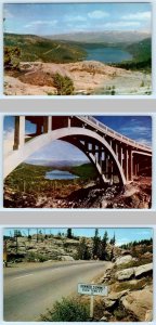 3 Postcards DONNER SUMMIT & LAKE, California CA ~ Bridge, Elevation Sign c1950s