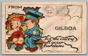 Postcard Gilboa Ohio c1914 Artist Signed Mia Witt Boy Girl RPO Cancel Findlay OH