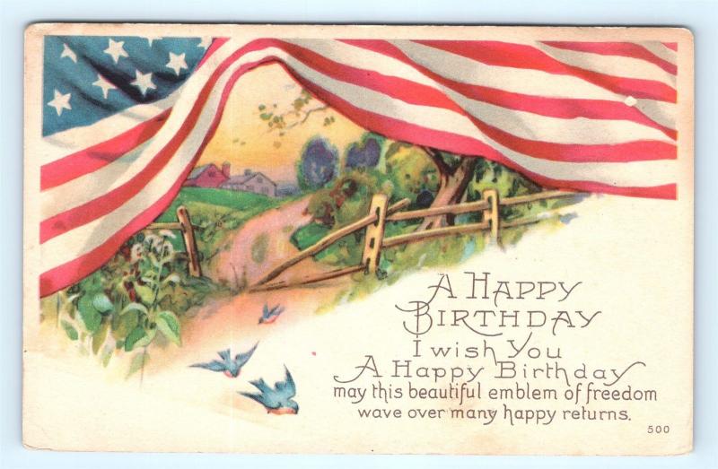 Postcard Patriotic Happy Birthday American Flag Emblem of Freedom Karle K01