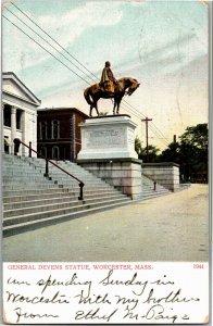 General Devens Statue, Worcester MA Undivided Back c1907 Vintage Postcard F39