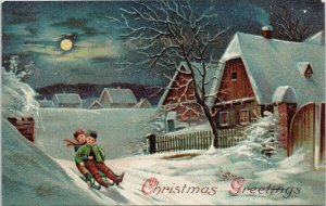 Christmas Greetings Xmas Children on Sled Full Moon Postcard G7