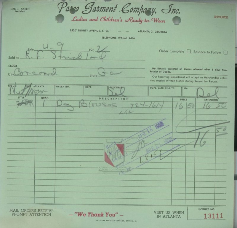 1952 Parco Garment Company Inc Trinity Ave Atlanta GA Clothes Blouse Invoice 325 