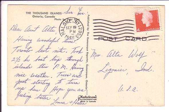 Thousand Islands, Ontario Used 1965 Malone New York Cancel