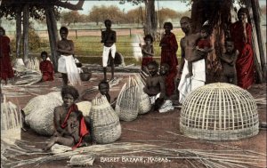 Madras India Basket Bazaar Indian Parents and Children c1910 Vintage Postcard