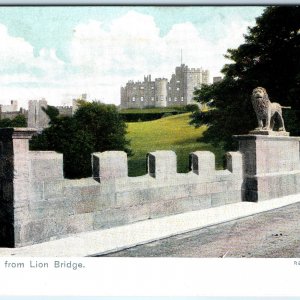 c1910s Alnwick, England Castle Atlas Lion Bridge Stone Wall Statue Landmark A357