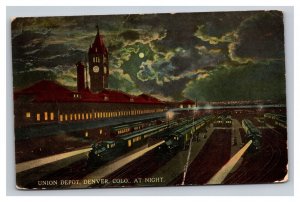 Vintage 1910s Postcard Union Depot, Denver, Colorado, at Night