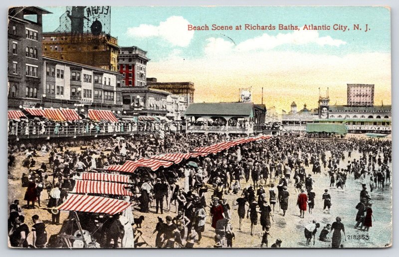 1916 Beach Scene At Richards Baths Atlantic City New Jersey NJ Posted ...