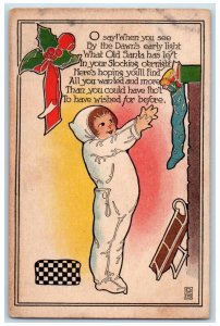 c1910's Christmas Little Girl Hanging Stocking Full OF Toys Berries Postcard