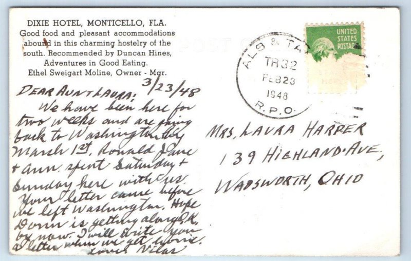 RPPC MONTICELLO, Florida FL~ Roadside DIXIE HOTEL Ethel Sweigert Moline Postcard