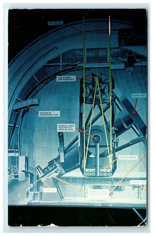 Postcard CA Interior View of Palomar Mt Observatory showing Telescope 1959 G18