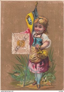 Trade Card (TC): Stamp & Girl carrying Flag , 1880-90s ; BELGIUM #2