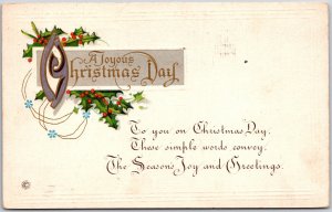 A Joyous Christmas Day, 1920 Holly Leaves with Berries & Holiday Verse, Postcard