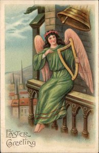 Easter Beautiful Woman Angel at Bell Tower c1910 Vintage Postcard