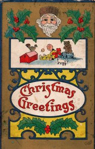 C. 1910 G & B Santa Claus Train Toys Holly Christmas Vintage Postcard P98