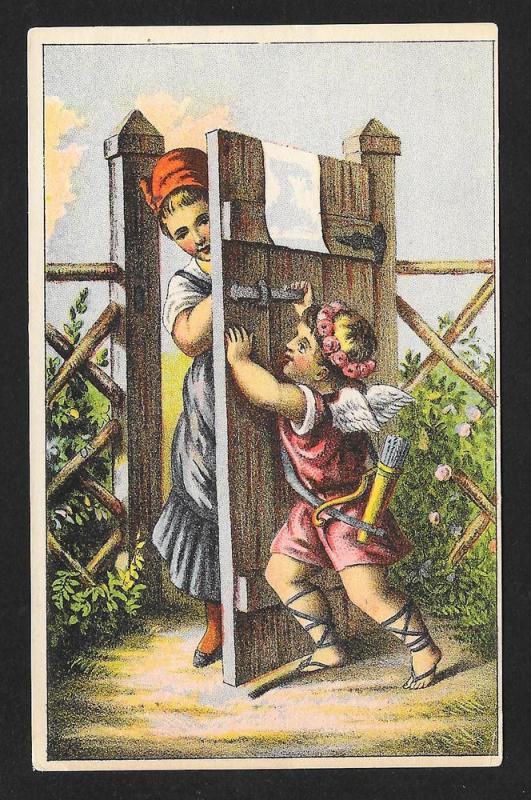 VICTORIAN TRADE CARD Cupid at the Gate