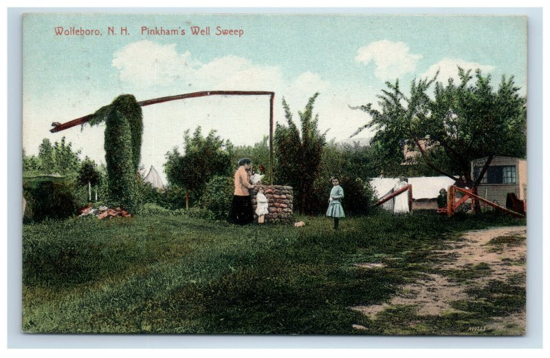 Wolfeboro NH Pinkham's Well Sweep Postcard Mother Children Hand Colored 