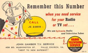 Falls Church Virginia Gamber TV Service Radio Repair Ad Postcard AA109748