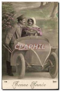 Postcard Old Car Female Soldier Army