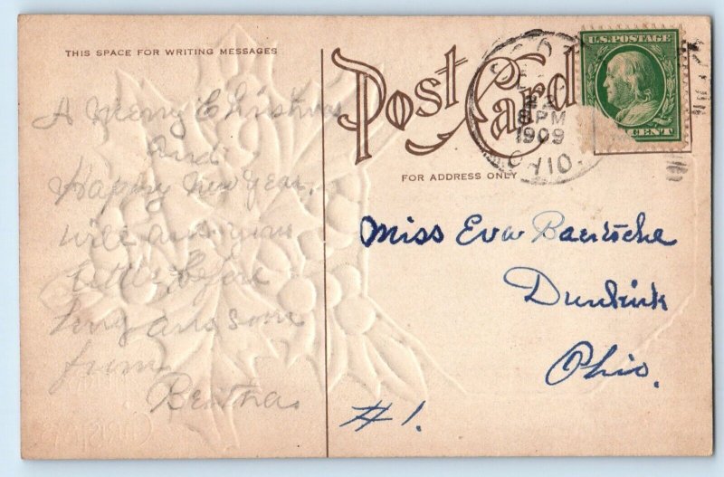Christmas Pretty Woman And Holly Berries Embossed Dunkirk Ohio OH Postcard