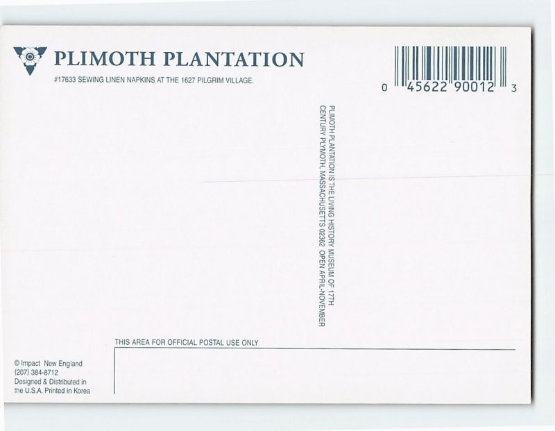 Postcard Sewing Linen Napkins Pilgrim Village Plimoth Plantation Massachusetts