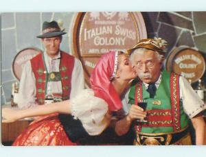 Unused 1950's PRETTY GIRL KISSES OLD MAN AT WINERY Asti California CA Q8784