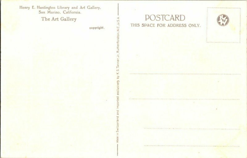 Postcard Henry E. Huntington Library Art Gallery San Marino CA Standard View 