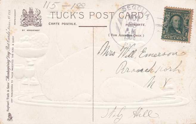 Thanksgiving Day Greeting - Turkey - a/s R J Wealthy - Tuck - pm 1908 - DB